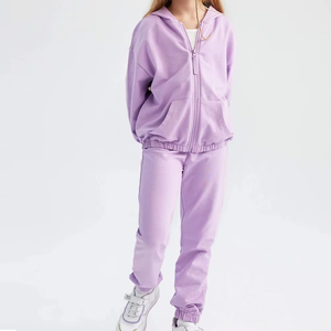 Conjunto de chándal deportivo infantil de manga larga de invierno de alta calidad para niñas, precio al por mayor, chándal con capucha y cremallera completa lisa - Product Image 2