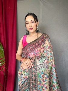 Saree de algodón con estampado digital de borde grande - Product Image 2