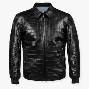Chaqueta de Cuero, Nueva, con Grabado de Cocodrilo, Negra, de Cuero Vacuno Genuino, Estilo Bomber - Product Image 6