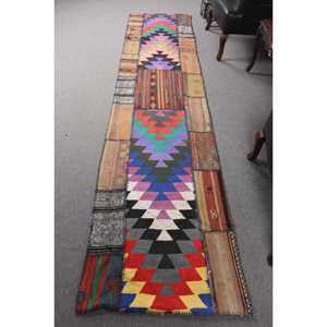 Turkish Rug, 2.5x10.6 ft Vintage Rug, <b>Red</b> Blue Animal Print <b>Wool</b> Rug - Product Image 1