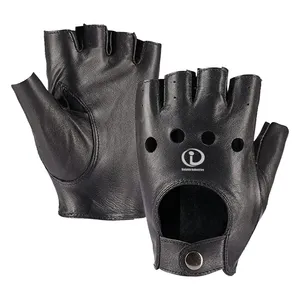 Guantes de moto acolchados de medio dedo para hombre, de cuero, Color negro, para jóvenes - Product Image 1