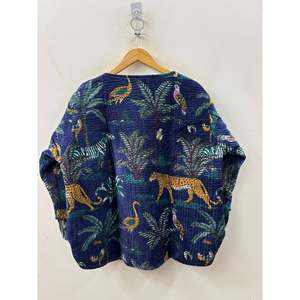 Hand Block-Printed <b>Quilted</b> Cotton <b>Jacket</b> with Coconut Shell Buttons Full Sleeve Summer the Jungle Navy - Product Image 2