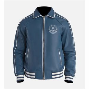 Chaqueta Varsity de cuero marrón y azul para hombre - Product Image 3