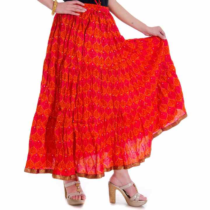 Antique Block Print Women's Long Maxi Bohemian Skirts for Girls Cotton Red Casual Leafy Print Design Skirt For Women