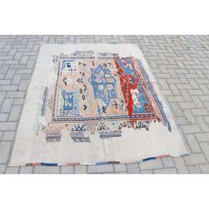 Alfombra Turca Vintage, Alfombra de Lana con Puntos Azules y Rojos, 6.2x4.9 pies - Product Image 3