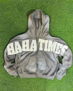 100% coton polaire solide Style fermeture éclair à capuche hiver soleil fondu à capuche avec détresse Applique broderie et strass hommes à capuche - Product Image 3