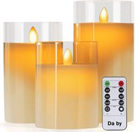 Pilier réaliste en verre blanc sans flamme à piles LED 4 "5" 6 "x 3" Set 3 tasses de bougies avec flamme mobile et télécommande pour la maison