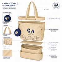 Sac fourre-tout en nylon imprimé chat, beige, sac à bandoulière, grande capacité, sac de transport décontracté pour les courses quotidiennes et les voyages