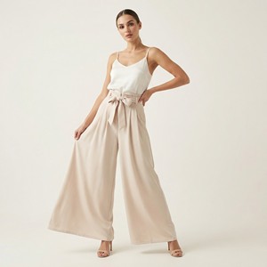Pantalon plissé fluide en PU à jambes larges avec ceinture à nouer, taille élastique, respirant, coupe ample d'été, taille haute, taille unique convient à toutes les tailles - Product Image 1