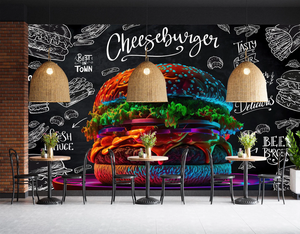 Papel Tapiz Autoadhesivo Impermeable con Diseño de Restaurante de <span class=keywords><strong>Hamburguesas</strong></span>, Murales Negros de Comida Rápida, Decoraciones de Pared Estilo Pizarra para Cafetería - Product Image 1