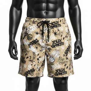 Shorts de bain pour homme en microfibre polyester premium 150 GSM, imprimé graffiti kaki, séchage rapide, vêtements de plage, logo personnalisé - Product Image 1