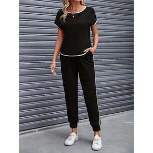 Ensemble deux pièces pour femme, chemisier à manches courtes, col rond, détails rayés, viscose, deux fils, et pantalon, 31177 - Noir - Product Image 3