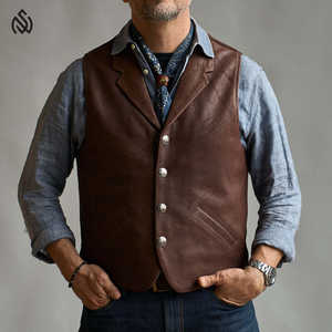 Chaleco de piel de oveja genuina con cierre de botón de forro naranja y bolsillos delanteros Chaleco transpirable personalizado OEM - Product Image 2