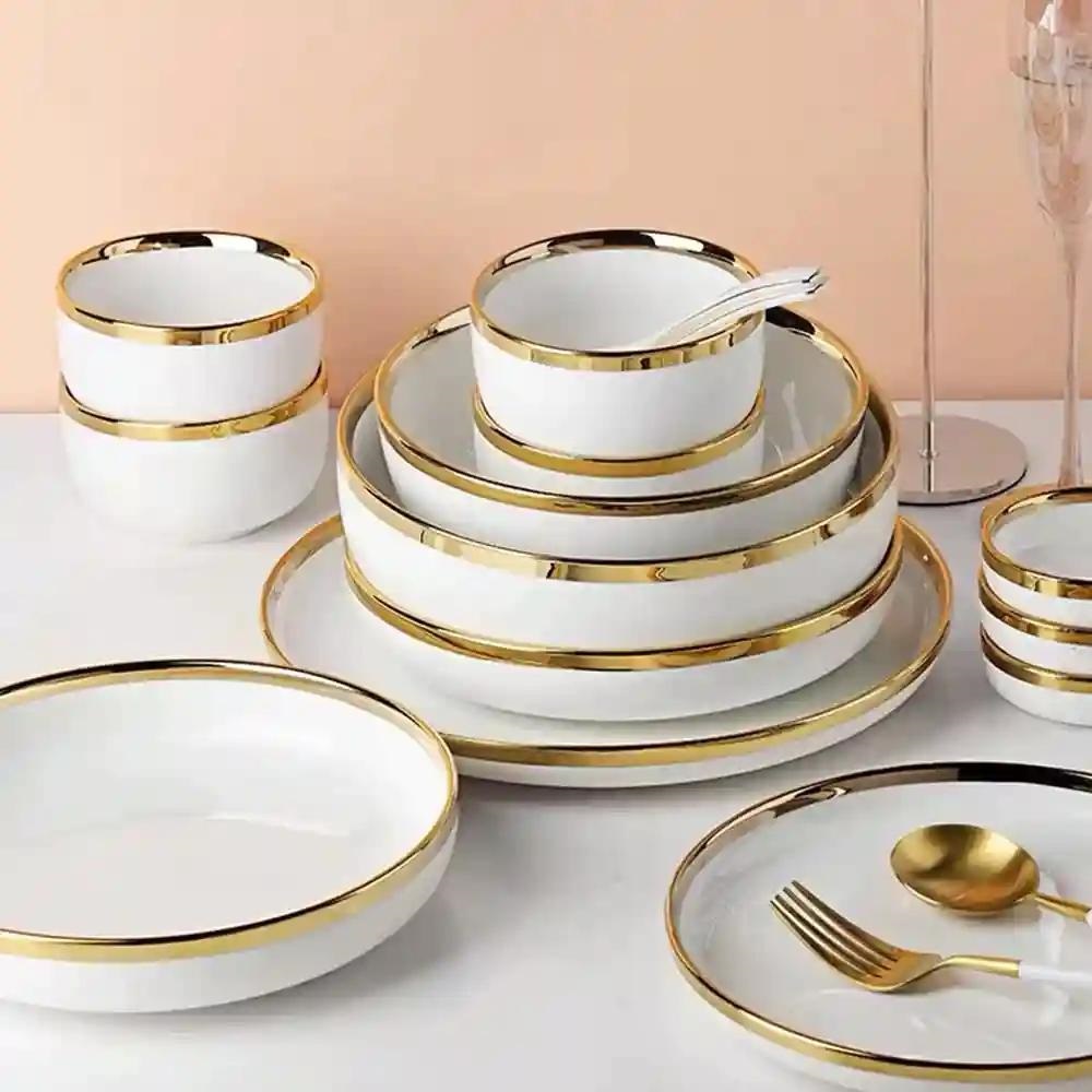 Luxury White Gold Rimmed Porcelain Ceramic Dinner Plates Dinnerware for Hotel Restaurant Wedding Party