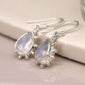 Boucles d'oreilles pendantes en forme de poire en pierre de lune de Bali, taille 10 mm x 8 mm, en argent sterling poli, pierre précieuse blanche, pour mariages et soirées - Product Image 1