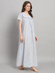 Camisón de encaje 100% algodón para mujer, manga media, largo completo, tela transpirable, cuello con estampado floral, elegante, para verano y otoño - Product Image 4