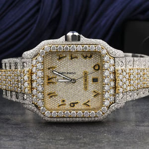 Montre de luxe à deux tons sertie de moissanite avec cadran doré, montre-bracelet automatique hip-hop avec diamants - Product Image 1