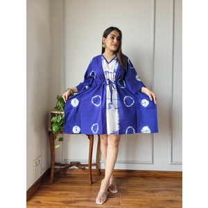 Vestido Kaftan Corto de Verano con Cuello en V, Estampado de Algodón Natural, Holgado, Hecho a Medida, con Cordón Ajustable en la Cintura, para Clientes de Boutique - Product Image 1