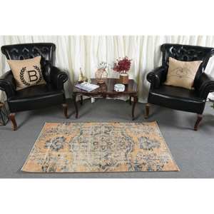 Tapis turc vintage en laine de 2,8x5 pieds Design patchwork bleu orange avec tapis et ensembles de support en latex - Product Image 3