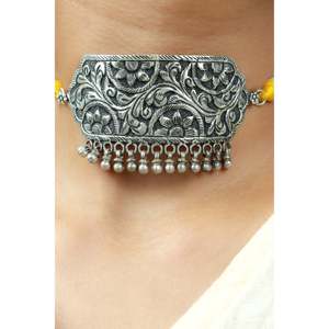 Collar Gargantilla Noor Floral de Plata 925 con Dori Amarillo, Diseño Geométrico Moderno con Perlas y Diamantes para Bodas - Product Image 1