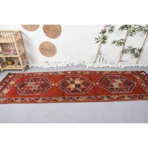 Turkish Vintage Rug, 2.8x9.6 ft Herki Rug, <b>Red</b> Blue Check <b>Wool</b> Rug - Product Image 3