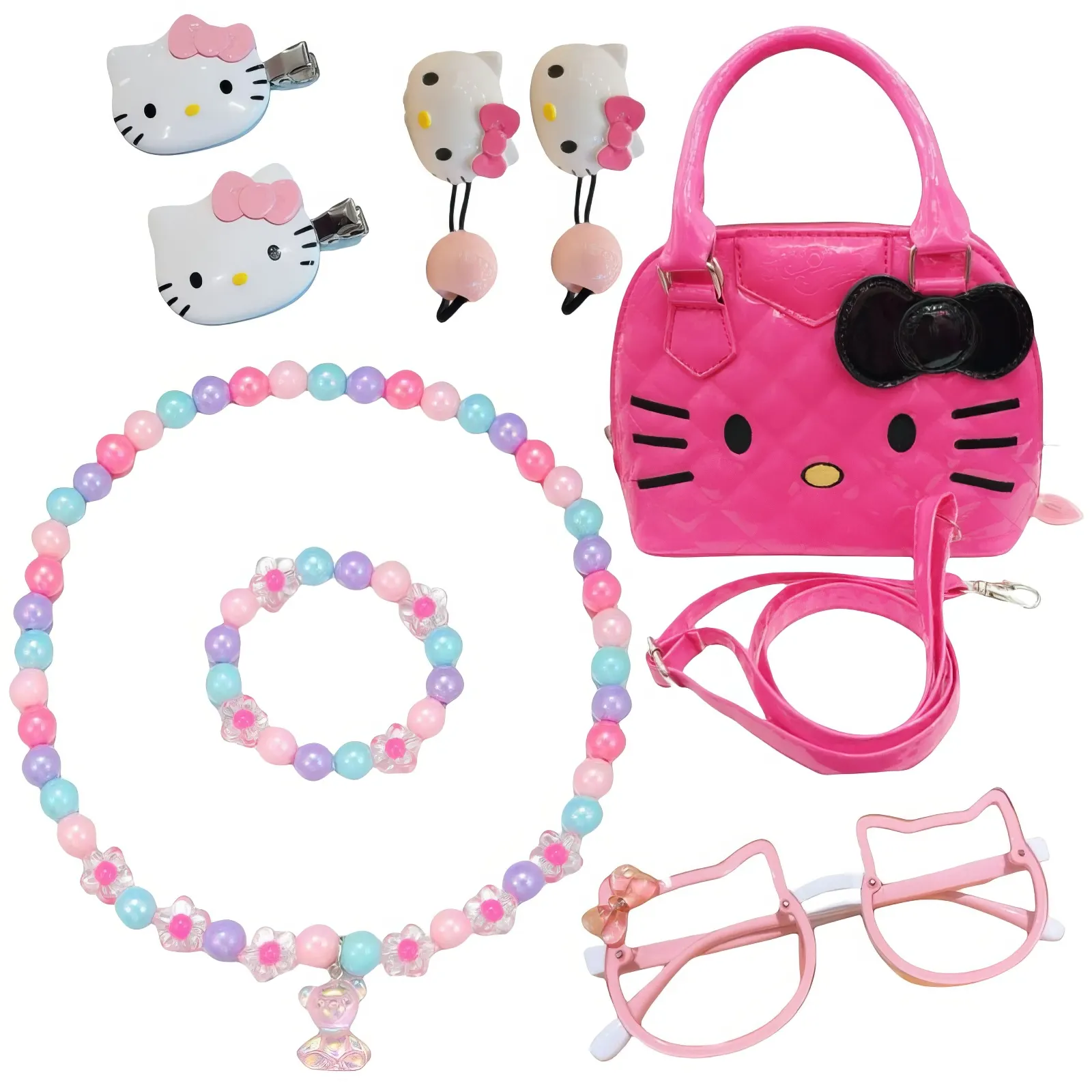 Hello Kitty กระเป๋าถือเด็กน่ารัก กระเป๋าสะพายเด็ก เครื่องประดับเด็ก ชุดอุปกรณ์เสริม แว่นกันแดด hairpins สําหรับเด็กผู้หญิง