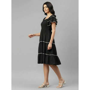 Deebaco Women's Solid Black Boho Midi Dress A-Line Square Neck Sleeveless Ruffles <b>Elastic</b> Waist Casual Summer Western Wear <b>Lace</b> - Product Image 2
