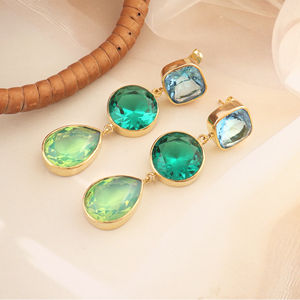 ต่างหูห้อยอัญมณีสามชิ้นต่างหูเครื่องประดับทองเหลืองหลายสีสำหรับผู้หญิงต่างหูชุบทองแบบห้อย - Product Image 3