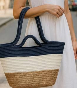Sac en paille grand format, sac de plage en paille, sac panier, sac de marché fermier, panier de courses, sac de luxe, sac en corde de coton, sac en jute - Product Image 2