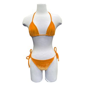 Women Neon <b>Green</b> <b>Velvet</b> Bikini Set Halter Neck Triangle Top Tie Side Bottoms Two Piece Swimwear Stretch Solid Color - Product Image 3