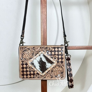 New Handmade Tooled Leather Crossbody Bag with Checkered Design Western Style Shoulder Purse Top Quality Custom Designer Handbag - Product Image 1