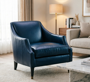 Sillón <span class=keywords><strong>Club</strong></span> de Cuero Azul Contemporáneo, Diseño Minimalista, Base de Madera Maciza y Detalles en Dorado - Product Image 2