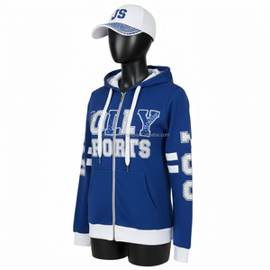 Sudadera con Capucha de Felpa de Algodón para Mujer en Azul con Paneles Blancos en los Puños, Rayas en las Mangas y Logotipo Personalizado con Pedrería - Product Image 4