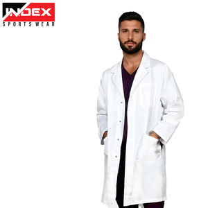 Uniformes médicos de hospital transpirables tejidos de algodón polivinílico blanco personalizables con botón para médico de mujer unisex - Product Image 1