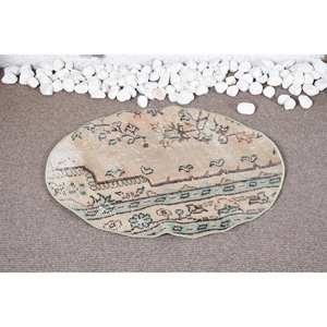 Classic Beige Green Wool Patchwork <b>Rug</b> 2.3 X 2.3 ft Rectangular Aubusson Design for Living Room or Bedroom with Latex Backing - Product Image 1