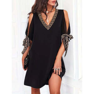 Robe courte à manches courtes et col en V pour femme, 35970 - Noir - Product Image 1