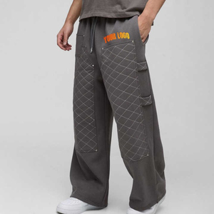 Pantalons de survêtement larges et droits en coton 100% sur mesure, lavés, style streetwear, baggy, évasés, pour hommes, avec panneau cousu à l'avant - Product Image 1