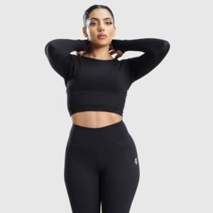 Comfortable Breathable Black Crop <b>Top</b> for <b>Women</b> Custom Logo Casual Sportswear with <b>Mesh</b> for Gym Knitted Fabric - Product Image 1