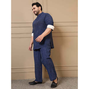 Chemise décontractée pour homme Amanush, bleu marine, en coton texturé à carreaux, grande taille, avec col mandarin, manches longues, coupe ample - Product Image 3