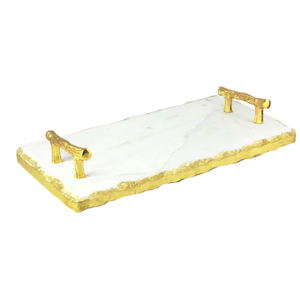 Table en marbre poli en porcelaine de luxe plateau de service en gros nouveau design plateau en marbre fait main avec poignée en métal fabricant - Product Image 5