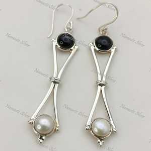 <b>Black</b> Onyx Pearl <b>Earrings</b>, Sterling Silver <b>Dangle</b>, Handmade Jewelry - Product Image 3