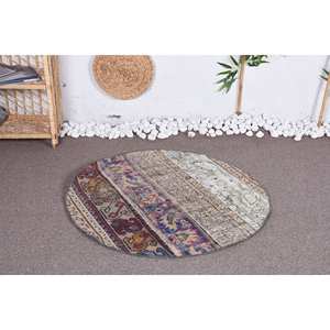 Alfombra de área de lana turca Vintage 3,2X3,2 pies Beige diseño de retazos bohemio técnica de tejido plano para decoraciones de sala de estar látex - Product Image 2