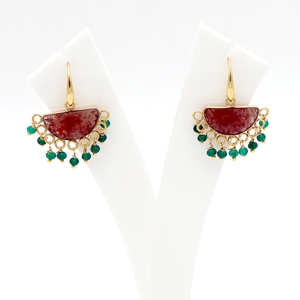 Boucles d'oreilles pendantes tendance en gros avec pierres précieuses : Quartz Fraise et Jade Vert |   Bijoux pour femmes en laiton plaqué or 18 carats faits à la main - Product Image 3