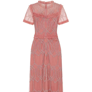 Élégant robe de cocktail vintage demi-longueur col rond en poly maille haute perlée motif brodé de paillettes cristal fête formelle décontracté - Product Image 1