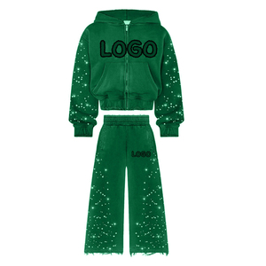 Custom Distressed Embroidery Patchwork Letters Sweat Suit <b>Hoodie</b> and Flared Sweatpants Set Sun Faded <b>Man</b> Tracksuits OEM - Product Image 5