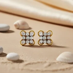 Classic Trendy Gold Plated 925 Silver Stud <b>Earrings</b> Women's Round <b>Diamond</b> Cluster Geometric Design Engagement Jewelry - Product Image 3