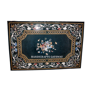 <b>Polished</b> <b>Black</b> Marble Inlay Dining Table Top Semi-Precious Stone High Durability and Home Decoration for Living Rooms Table Tops - Product Image 1