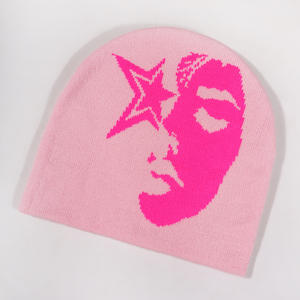 Venta al por mayor bajo MOQ mejor precio Jacquard All Over Print Letters gráfico Top Tier Beanie Cuff less Knit Hat - Product Image 2