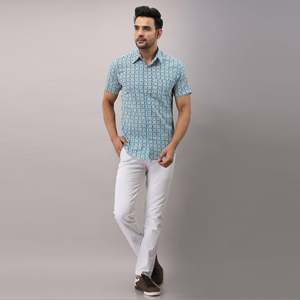 Camisa Casual para Hombre, Azul Claro, 100% Algodón, Estampada, Corte Ajustado, Talla 6XL, Tela Popelina Transpirable, Camisas de Vestir ODM con Estampado Floral - Product Image 1