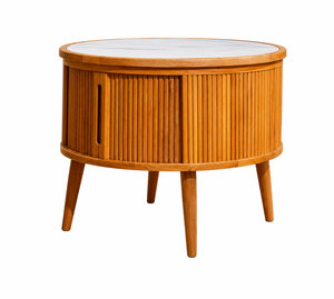 Scandinavian Round Coffee <b>Table</b> with Marble <b>Top</b>, <b>Solid</b> Ash <b>Wood</b> Tambour Storage Design for Living Room - Product Image 6